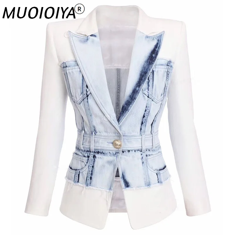 

Женская джинсовая куртка в стиле пэчворк, синяя Облегающая джинсовая куртка, подиумная дизайнерская уличная одежда, роскошная брендовая од...