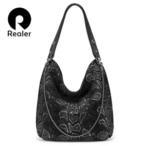 Сумка на плечо REALER женская из натуральной кожи, вместительный дизайнерский тоут, роскошный саквояж со змеиным принтом, 2019