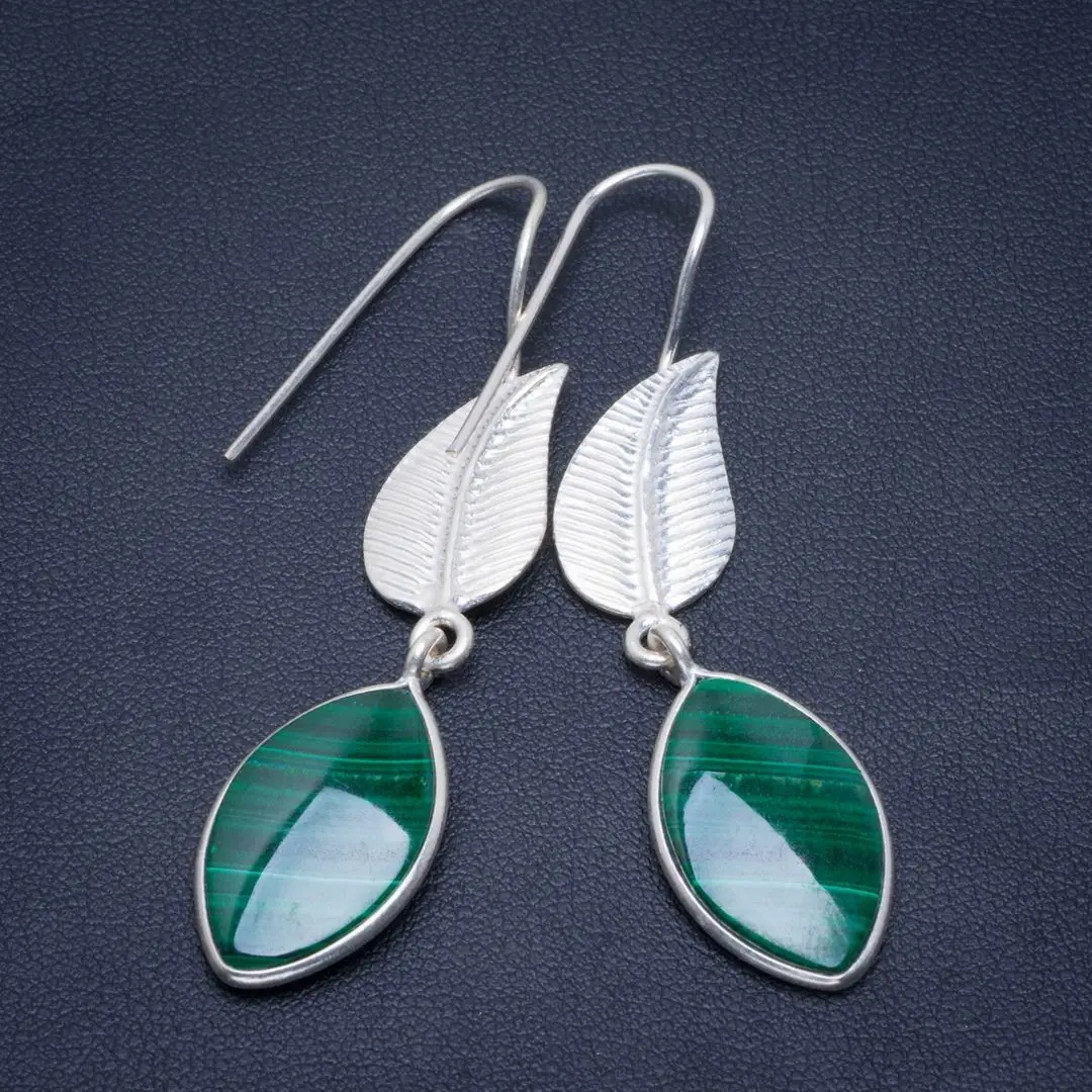 

Natural Malachite Handmade Unique Leaf 925 Sterling Silver Earrings 2.25" B2893