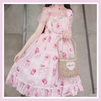 japanese sweet lolita jsk dress girls harajuku cute pink cherry print party sling dress kawaii ruffles sleeveless dresses