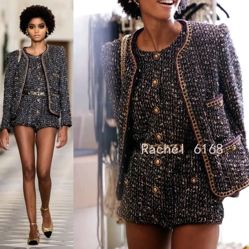 

Luxury Design 2021 autumn and winter new celebrities small fragrance Sequin inlaid tweed round neck long sleeve coat silk lining