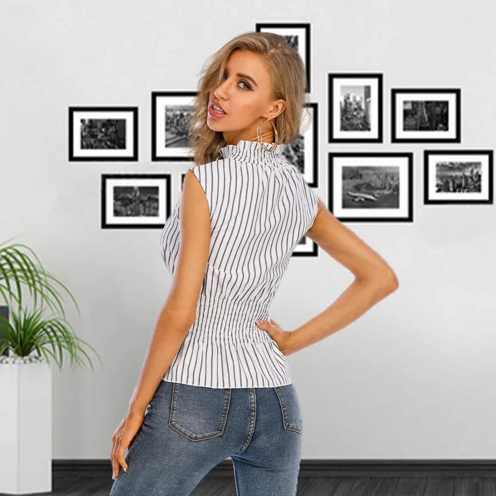 

New women's stand up collar sleeveless T-shirt summer fashion striped elastic waist all-match casual top ladies