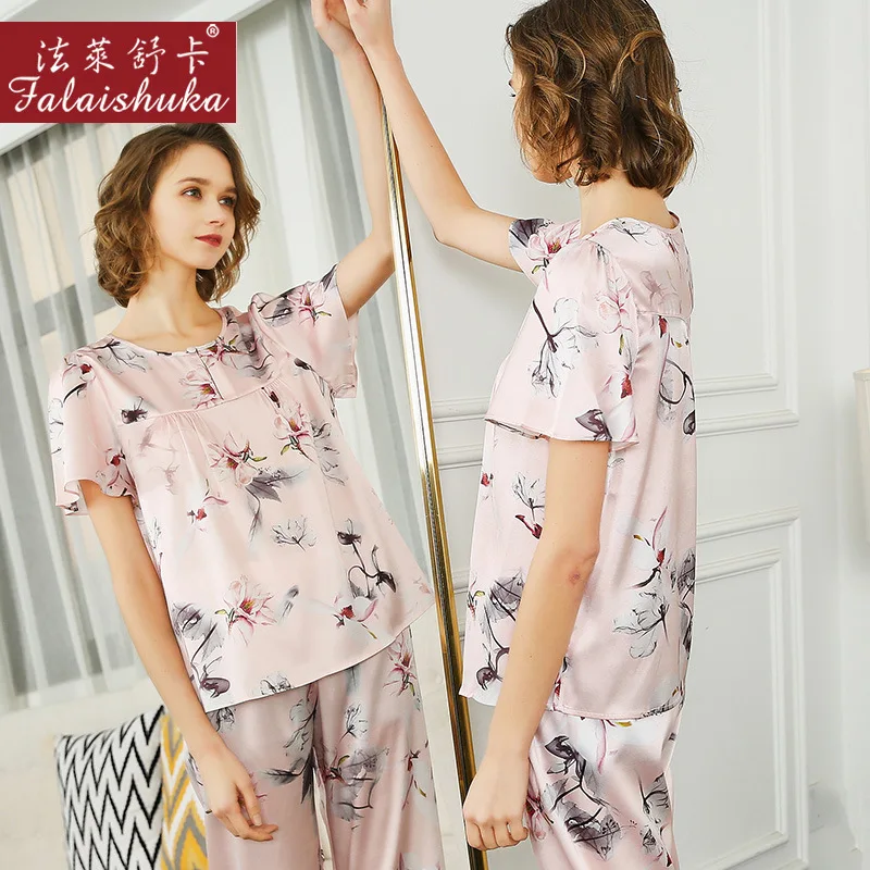 Pajamas Set Silk Stain Floral Print Women Oversized Short Sleeve Top and Shorts Set Summer Homewear Sleepwear Silk Sleep Wears