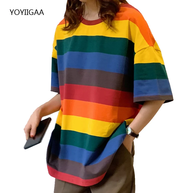 

Rainbow Stripe Women Summer Tshirt Casual Fashion Female T-shirt Harajuku Oversized Tee Top Short Sleeve Lady T Shirt Loose Tees