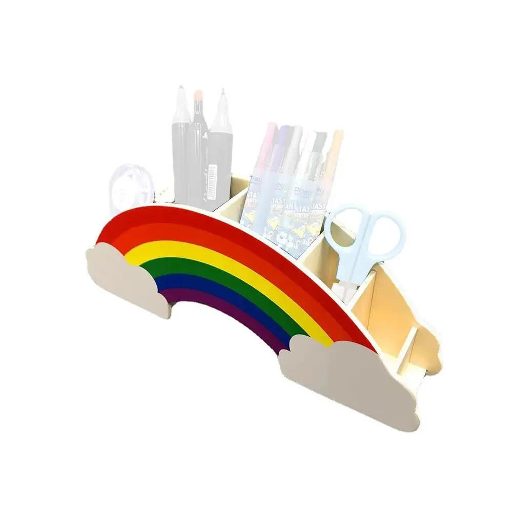 

Desk Organizer Wooden Pen Pencil Holder-Rainbow Desktop Stationery Organizer Cute Rainbow Pencil Holder for Kids