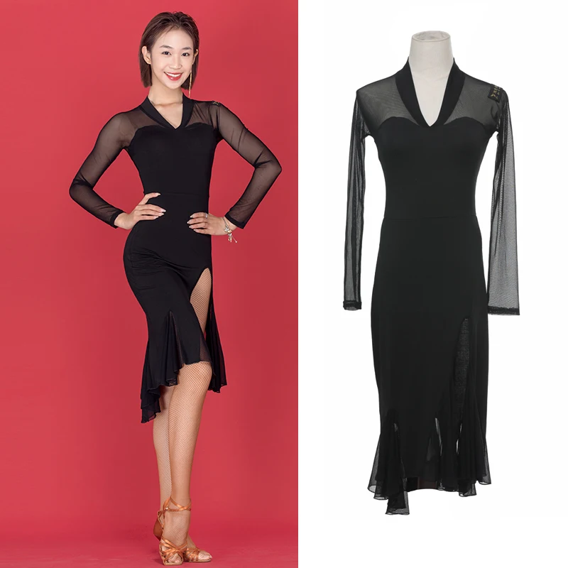 

Women Latin Dance Dress Female Adult Summer Mesh Stitching Side Slit Clothes Sexy Long Sleeved Dress Performance Dress DN9652