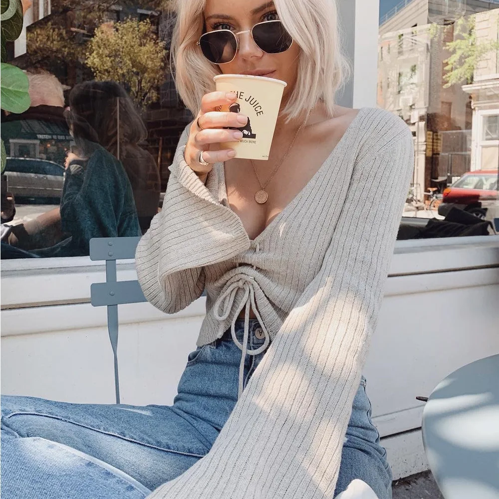 

Knitwear za Fashion V-Neck Drawstring Ruched Female Crop Tops Casual Long Sleeve Striped Sweaters for Women 2021 Autumn Winter