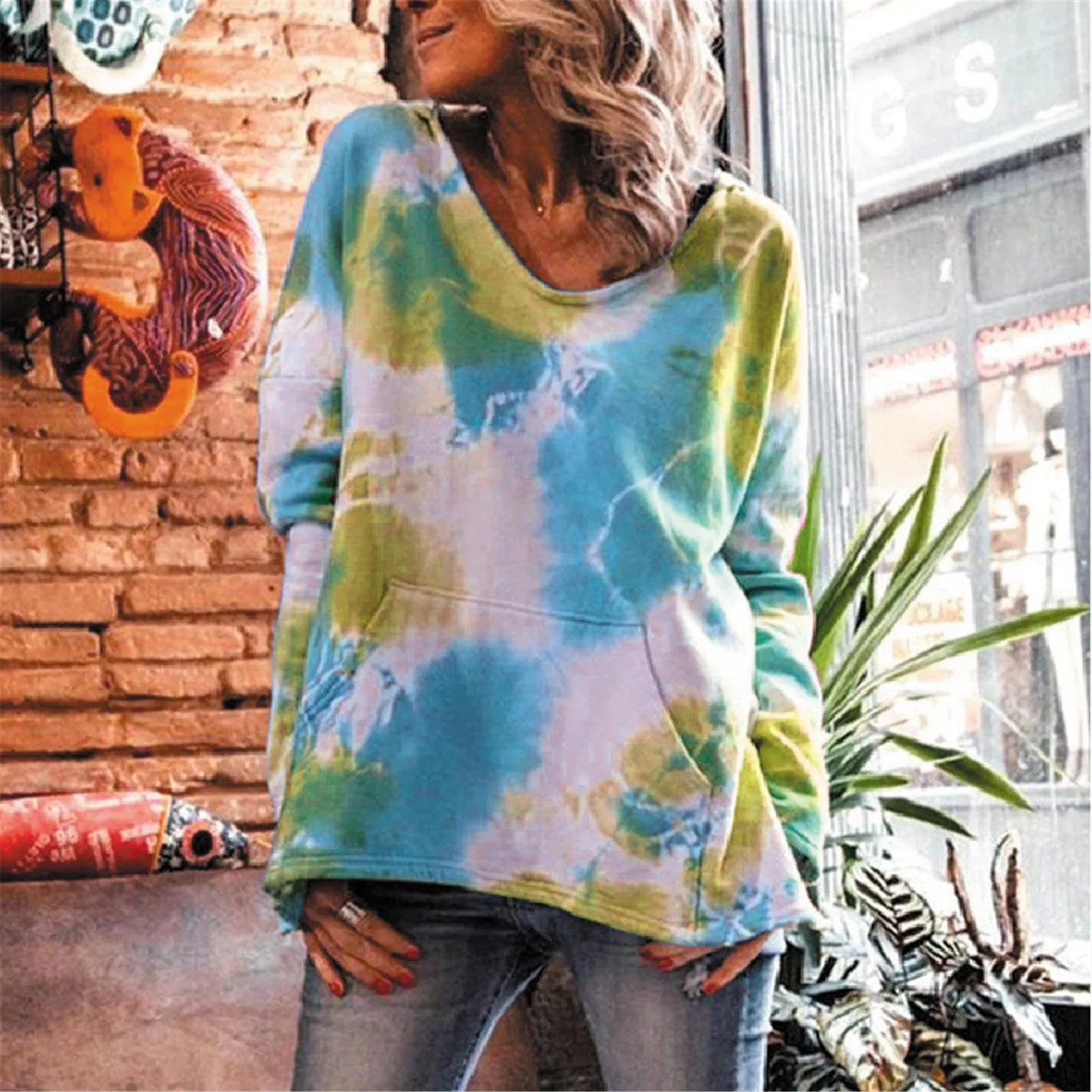

Oversized Hoodies Blouses Women's Casual Loose Tie-Dye Pocket Long Sleeve Pullover Hooded Sweatshirt Girl Casual Pullover