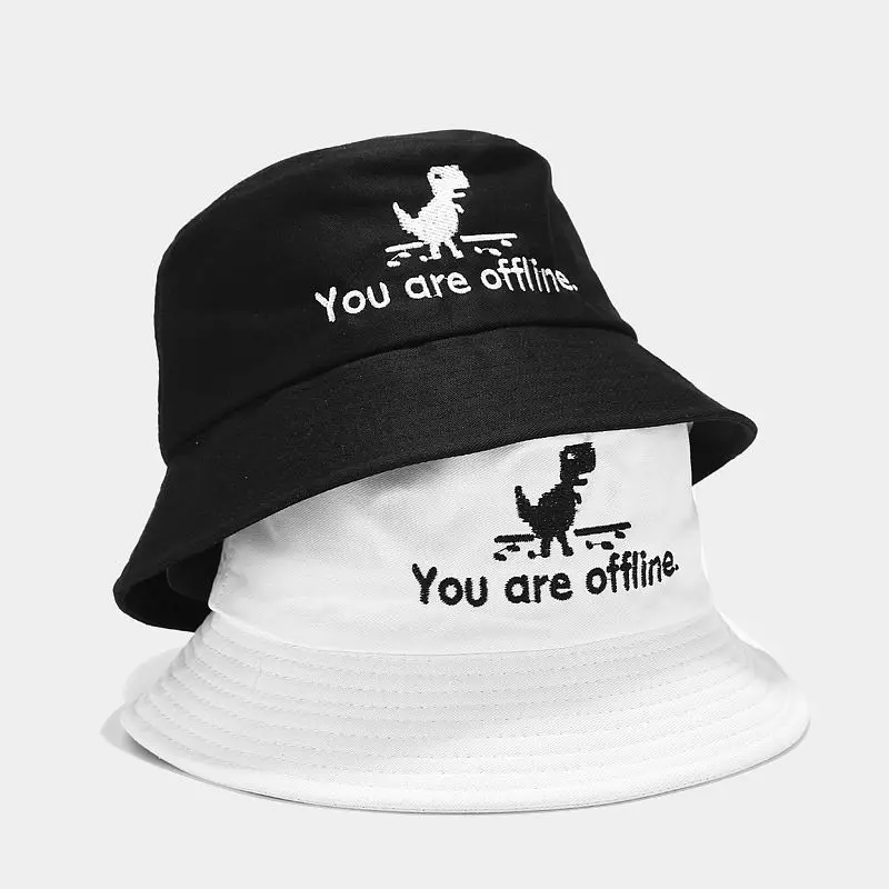 

2021 OFFLINE Embroidery Women's Summer Bucket Hat Fashion Girls Reversible Dinosaur Sun Protection Hat Hip-Hop Panama Bob Cap