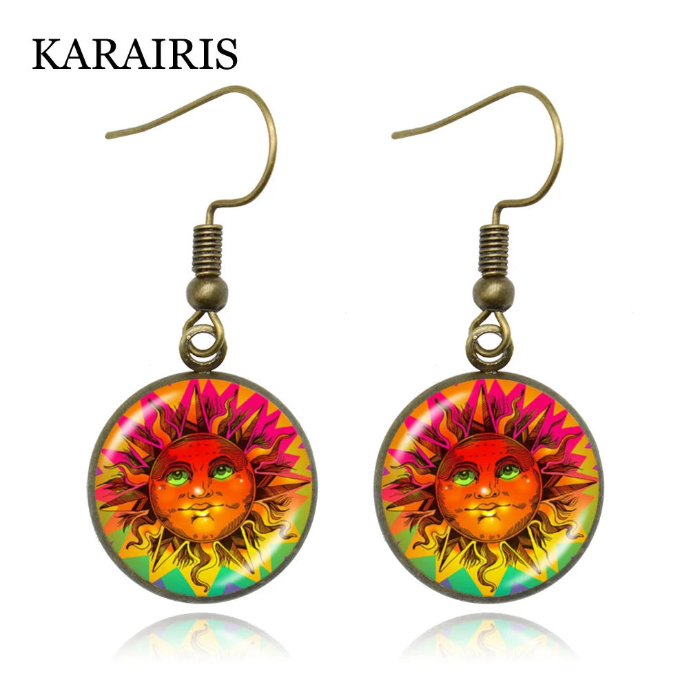 

KARAIRIS Trendy Sun and Moon Drop Earrings Crescent Moon Earring Moon Sun Ear Hook Glass Cabochon Earrings Handmade Jewelry