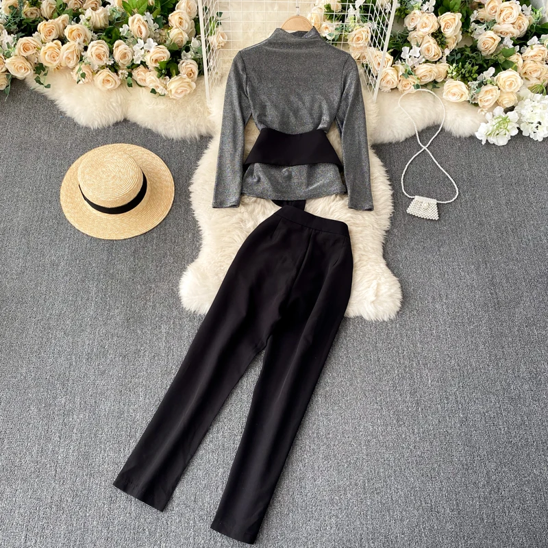 

Casual Office Lady Pullover T-shirt Top with Ruched Buttons Corset and Ankle-length Suit Pants One Set TN1383