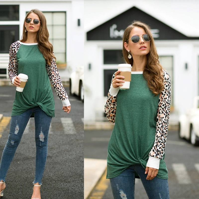 

Women Autumn Leopard Print Long Sleeve Round Neck Twist Knot Front Tunic Tops Casual Loose Pullover Blouse Plus Size S-2XL