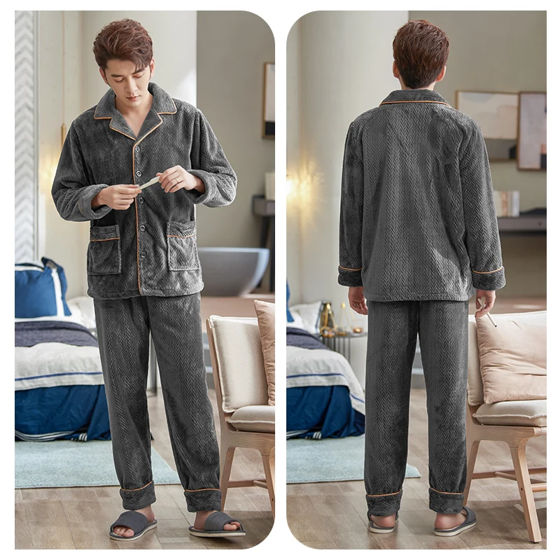 Korean Winter Sleepwear Casual Loose Long Sleeve Coral Fleece Thicken Warm Plus Size Sleepwear Szata Zestawy Men's Sleep DB60SY