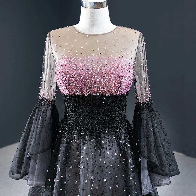 J67155 Jancember Long Evening Dresses Flare Sleeves O Neck Beaded Sequined Lace Up Back Latest Robes De Soirée Manches évasées