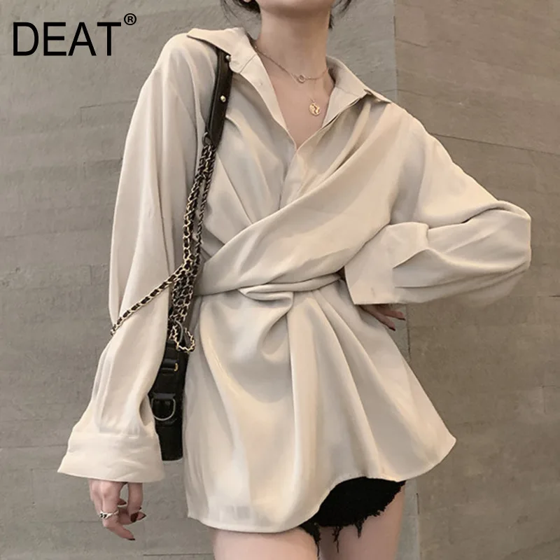 Женская однобортная рубашка на шнуровке DEAT однотонная Свободная Повседневная с