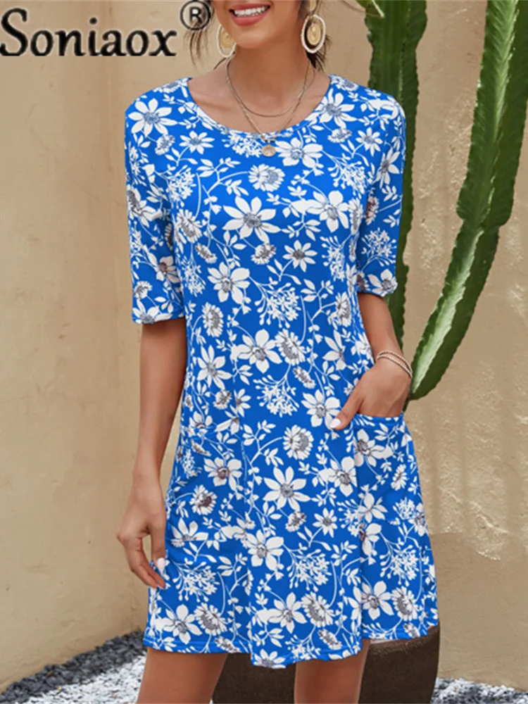 

Summer Sexy Women's Short Sleeve Floral Printed Boho Floral Wrap Frill Beach Short Mini Dress Ladies Fashion Casual Pocket Dress