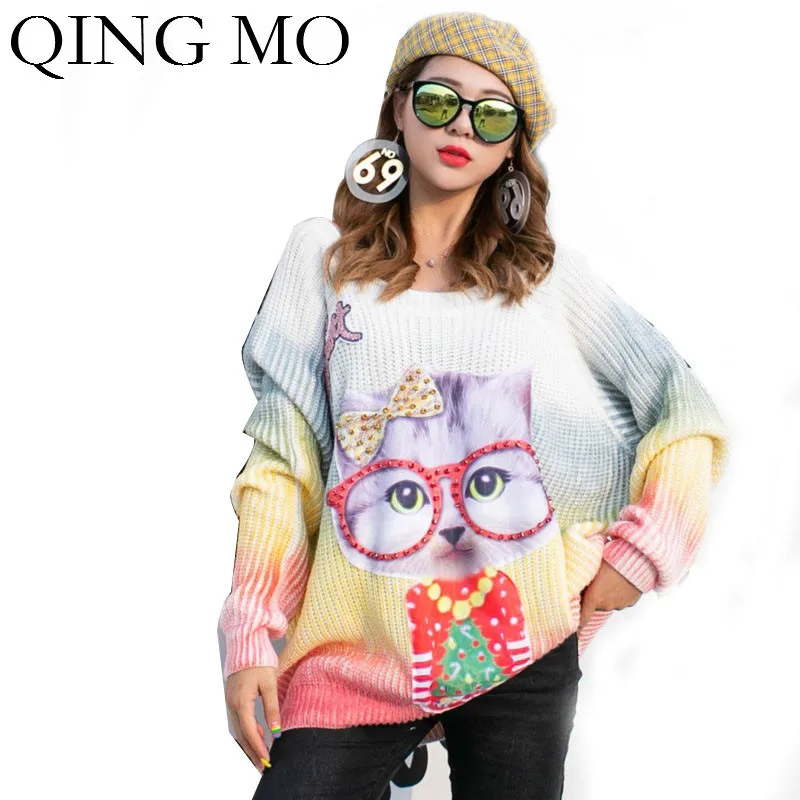 QING MO женский свитер с мультяшным принтом и пайетками женские цветные вязаные
