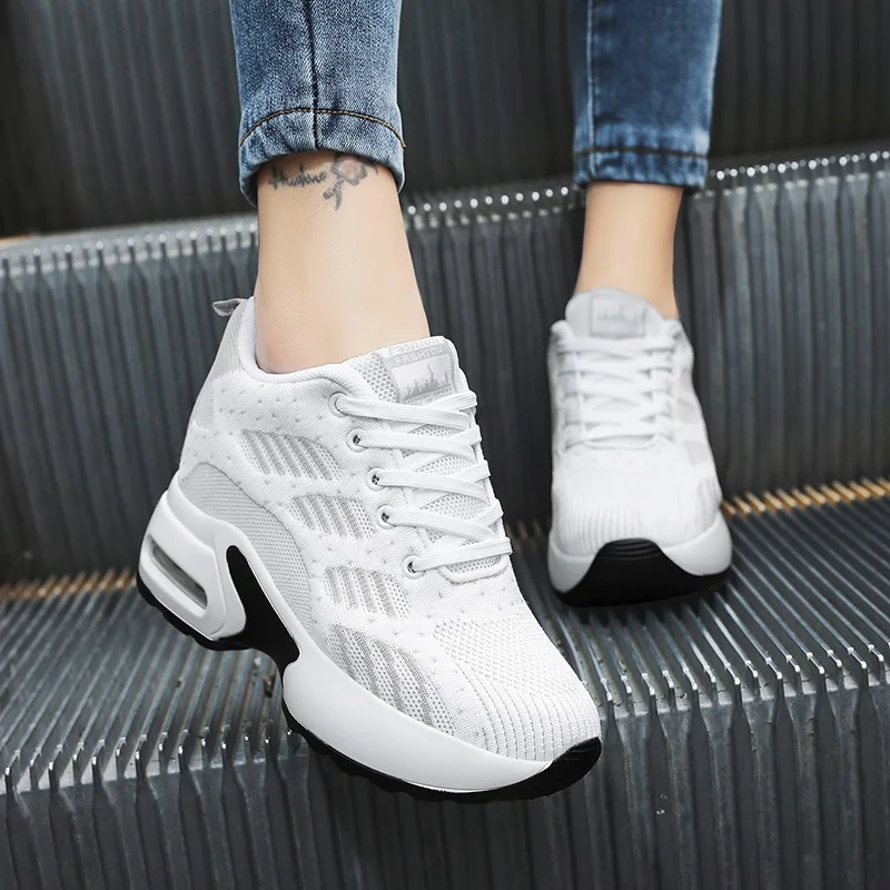 

Кроссовки женские на платформе, модная повседневная обувь со скрытым каблуком, вязаные, на шнуровке, с воздушной подушкой