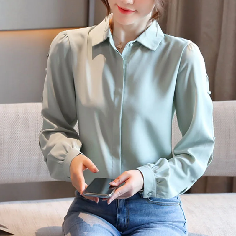 

Autumn Fashion Women's Tops 2021 Solid Chiffon Shirt Top Button Green Tops for Women Blusas Femininas Clothing for Women 0793