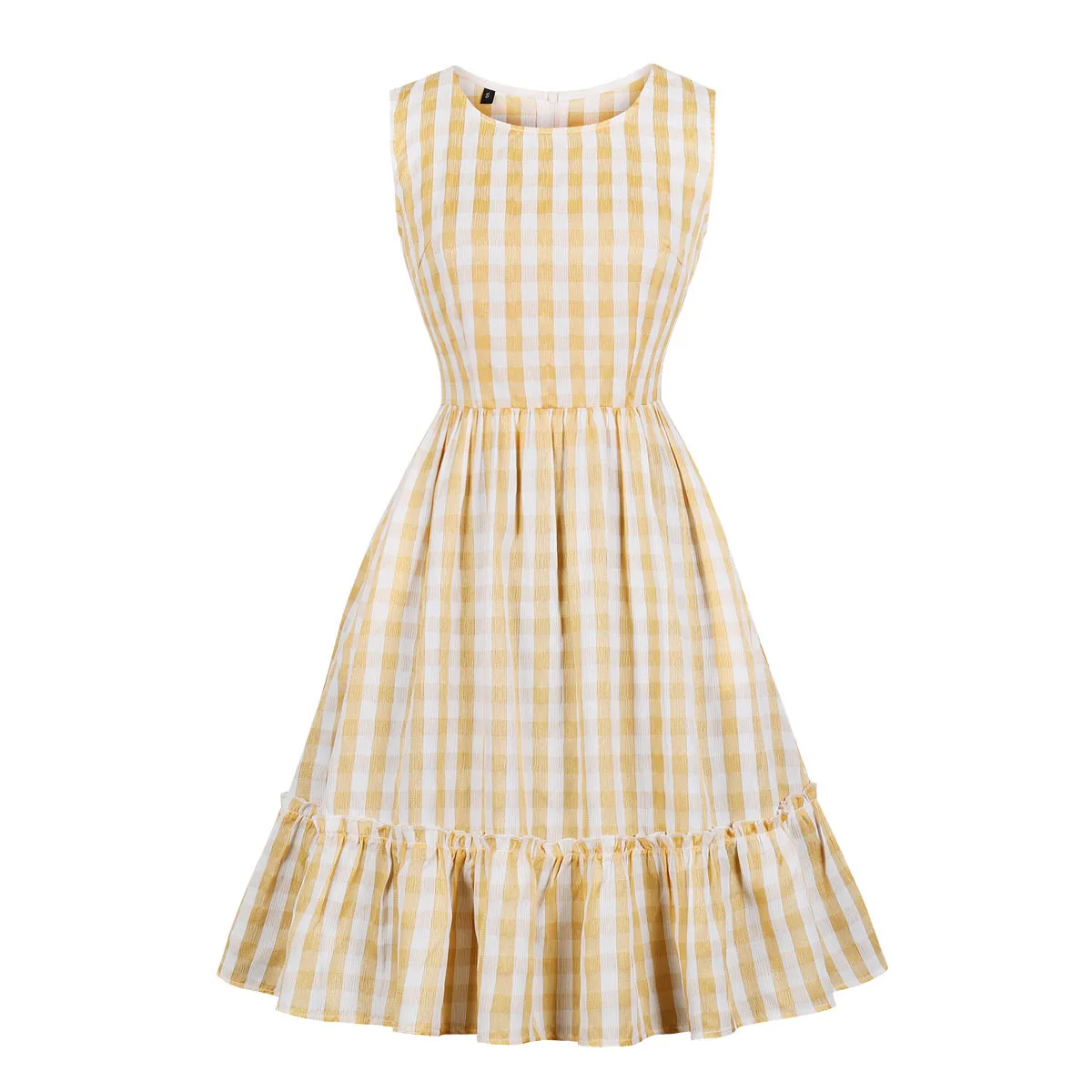 

Round neck plaid ruffled retro big dress women