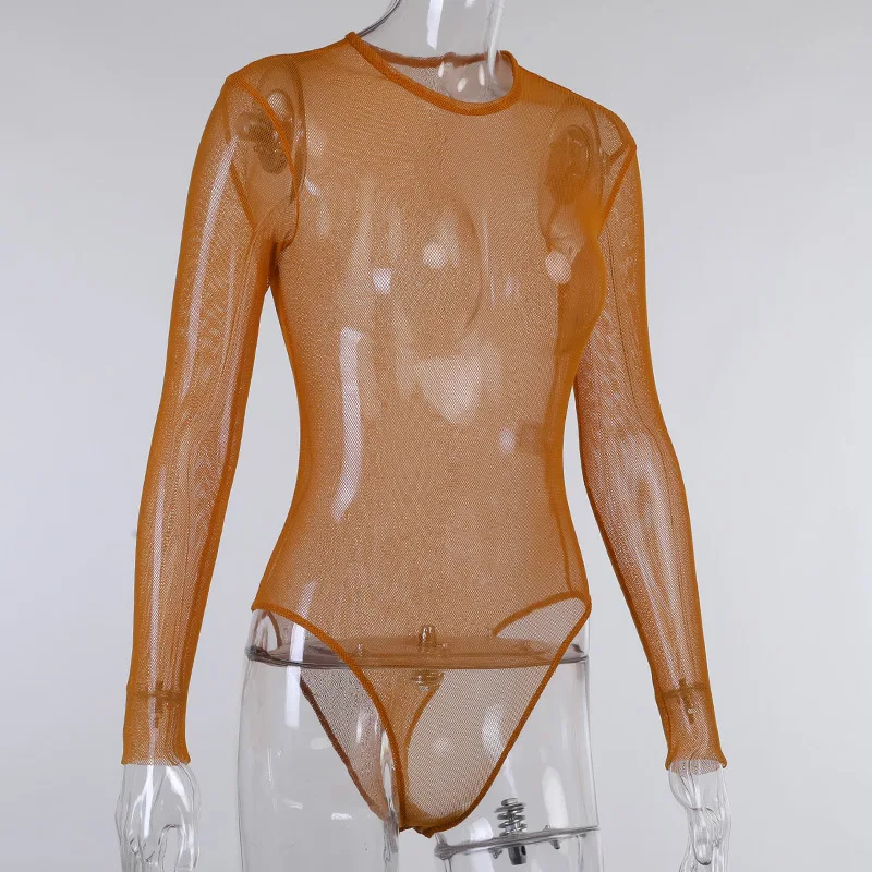 

Cutubly Bodysuit Spring Summer Women Sexy Streetwear Jumpsuit For Women Long Sleeve Solid O-Neck Mesh Skinny Casual Romper 2021