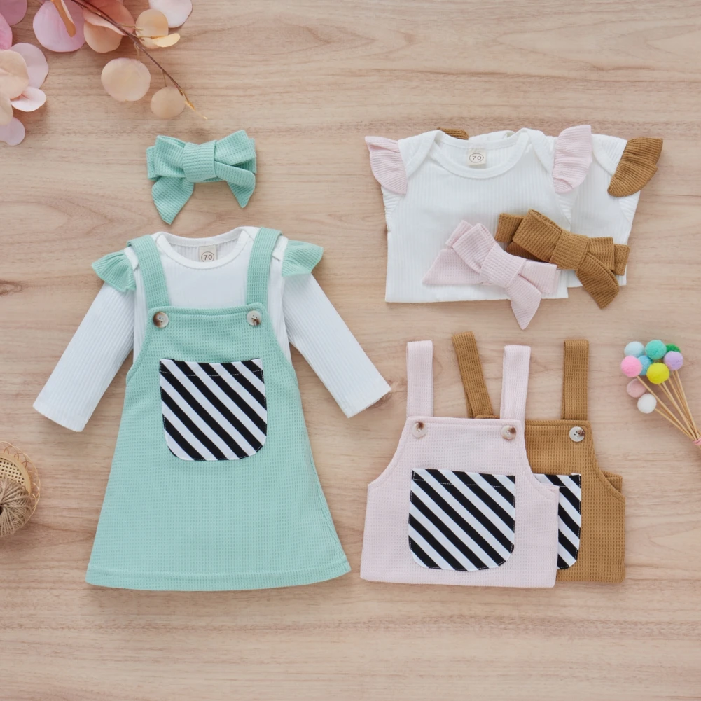 

Baywell Baby Infant Girls Clothing Suit Pit Strip Long Sleeve Romper + Waffle Straps Skirt + Hairband Newborn Girl Fall Clothes