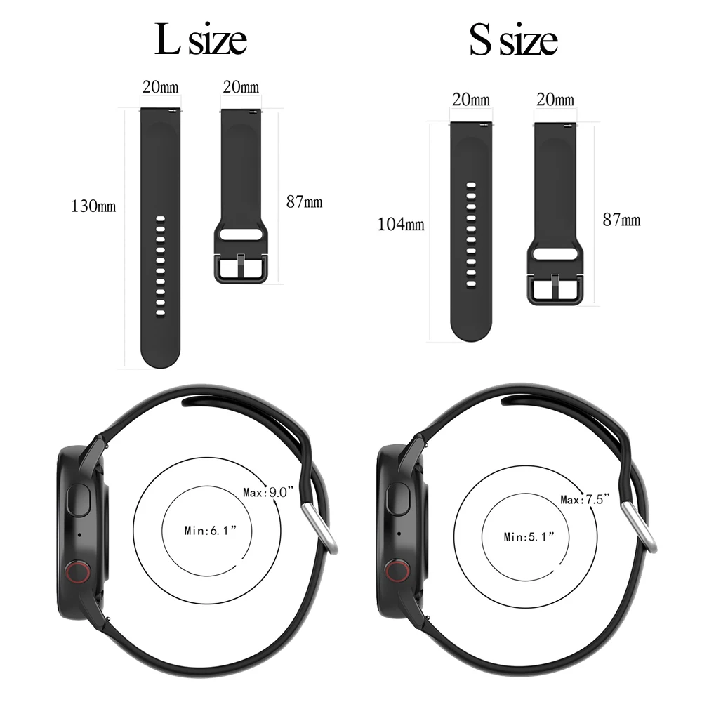 Ремешок силиконовый для наручных часов браслет 20 мм Samsung Galaxy Watch Active 2 Huawei GT 42 Honor