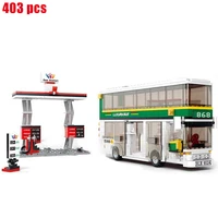 creative city gas station double decker bus vehicle stickers building blocks bricks classic model toys kids