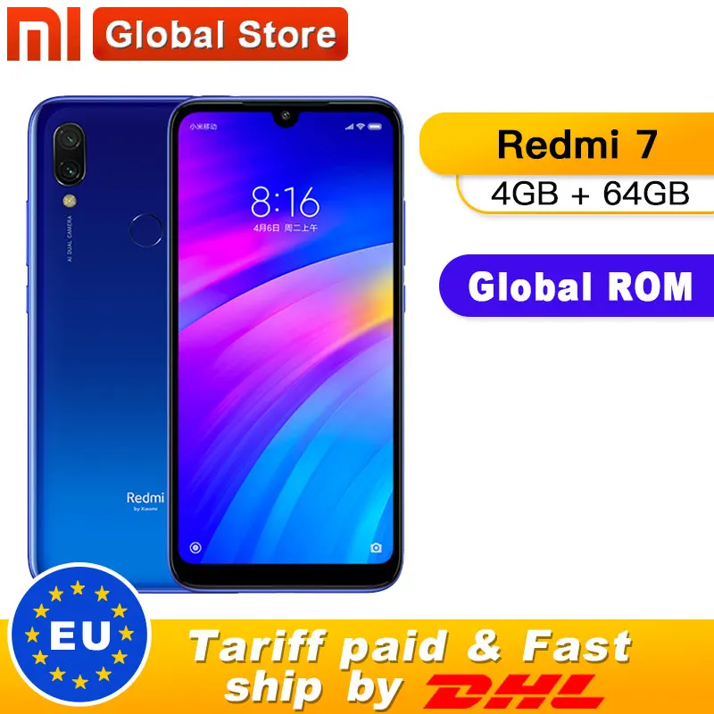 Смартфон Xiaomi Redmi 7 с глобальной ПЗУ, 4 ГБ, 64 ГБ, 4000 мА/ч, четыре ядра, Snapdragon 632, 12 МП камера, 6,26 дюймов, 19:9, полный экран