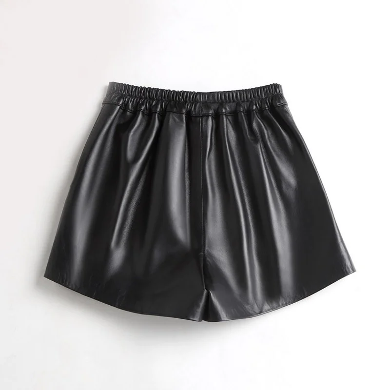 

Quality High Women Sheepskin Genuine Leather Shorts Elastic Waist Loose Fit Boot Cut Wide Leg Shorts Casual Streetwear Trousers