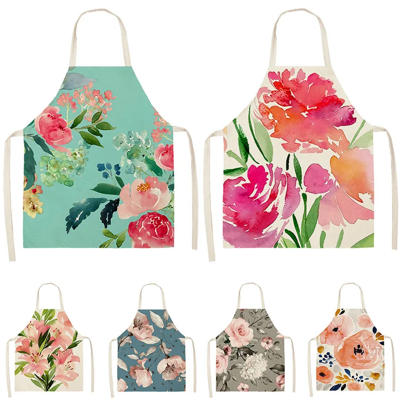 

1Pcs Flower Pattern Colorful Cotton Linen Aprons 53*65cm Home Cleaning Cooking Kitchen Apron Cook Wear Adult Bibs Pinafore 46286