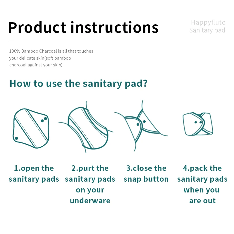 Happyflute-compresas de carb&oacute;n de bamb&uacute;, toallas sanitarias reutilizables, lavables, maternidad, menstruales, 10 Uds.-5