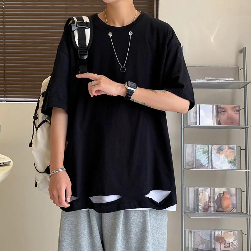 

Hong Kong wind hole short-sleeved T-shirt men's summer tide brand ins loose half-sleeved t-shirt 2021 new trend clothes