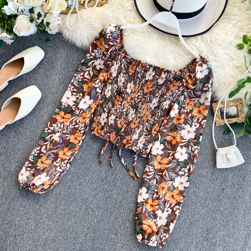 Женская шифоновая блузка с квадратным вырезом короткая плиссированная длинным