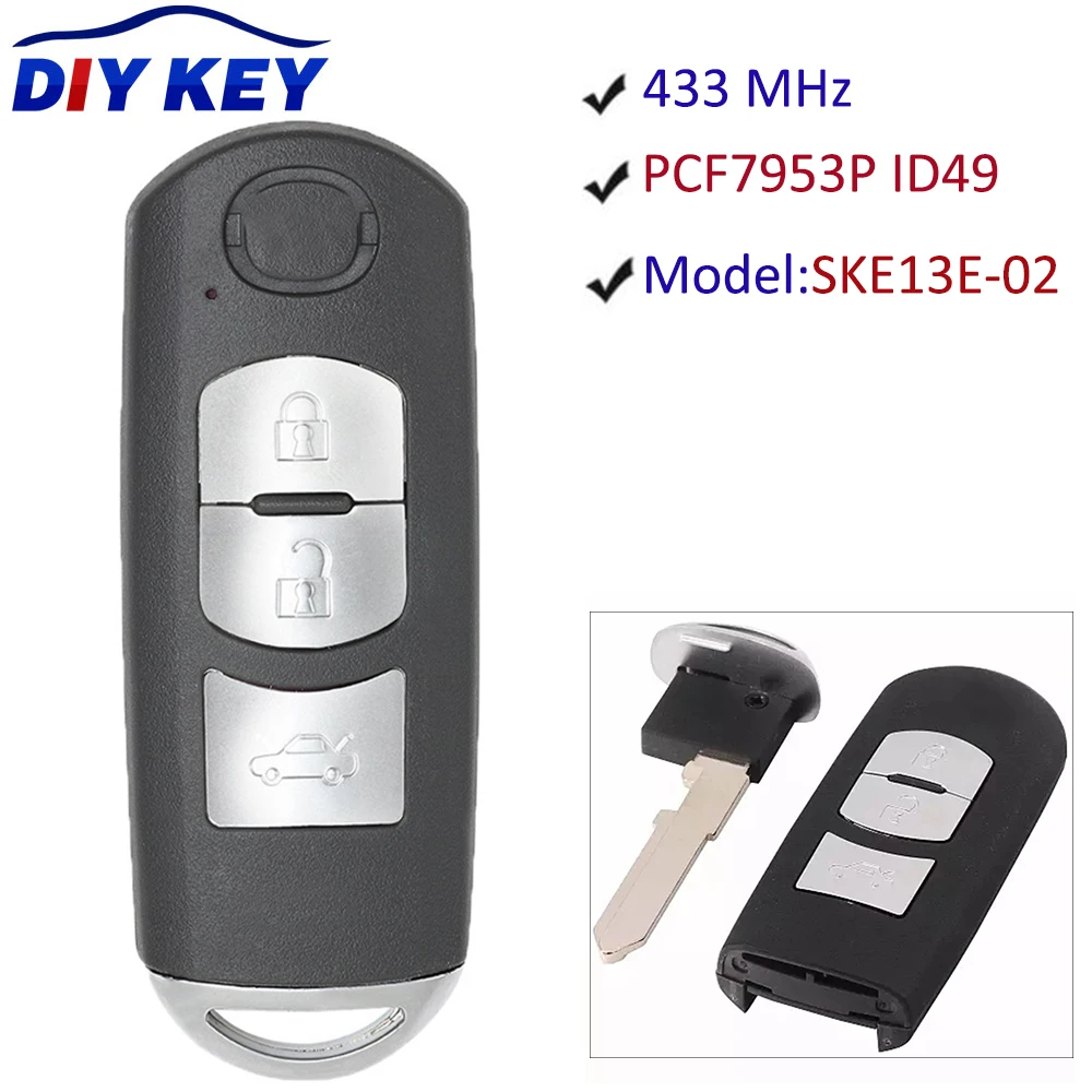 

DIYKEY SKE13E-02 Replacement 3 Button Smart Remote Car Key 433MHz PCF7953P ID49 Chip For Mazda 3, 3MPS, 6, CX3, CX5 2018 2019