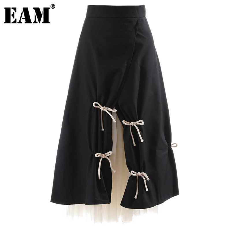 

[EAM] High Elastic Waist Black Irregular Bow Mesh Holiday Half-body Skirt Women Fashion Tide New Spring Summer 20221DE0974