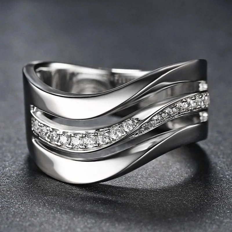 

Fashion Contracted Office Lady Finger Rings Silver Color Wave Shape Shine Stone Simple Daily Wear Party Women Jewelry
