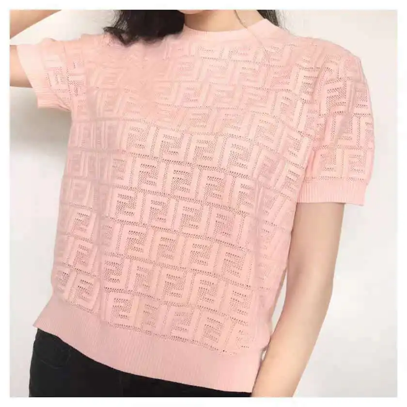 

2021 fashion summer autumn lettered hollowed out T-shirt casual loose T-shirt round neck women's Short Sleeve Top