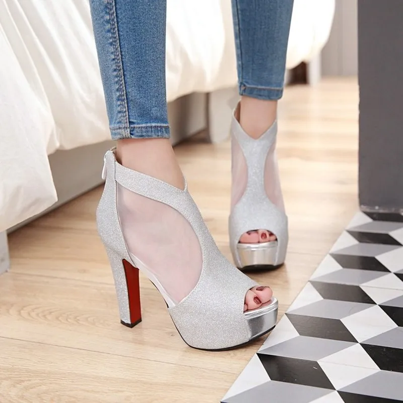 

Women's Sandals summer new style Fashion Mesh Fish mouth Open toe zipper Thick heel High heel Women's shoes plus size 32-43