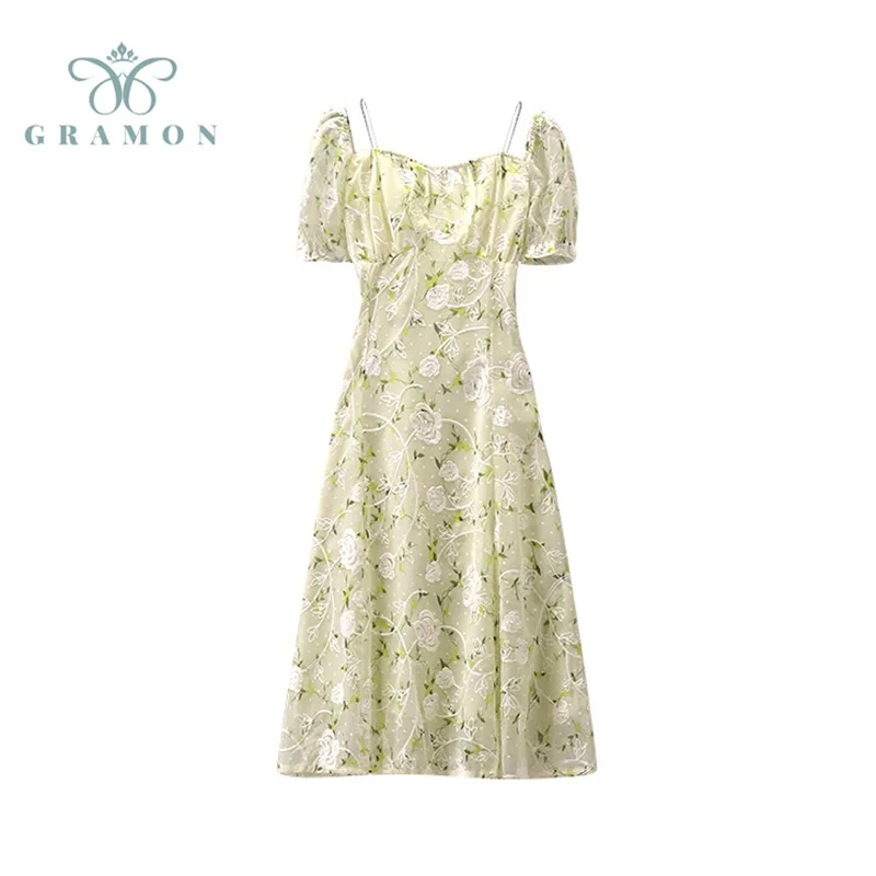 

Summer Lace Floral Suspender Tea Dresses Women's New Plus Size Elegant Square Neck Sweet Puff Sleeve Cute Bohemia Long Dress