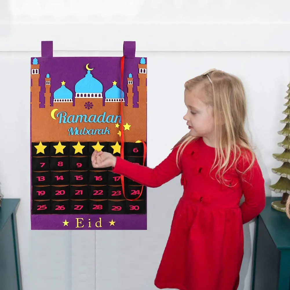 

2021 Newest Eid Mubarak Calendario Ramadan Wall Hanging Calendar With Stars Numbered Countdown DIY Ornaments Kids Decor Purple