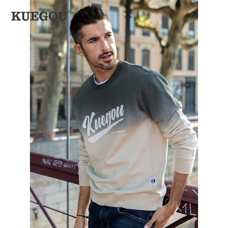 KUEGOU Осенняя мужская толстовка с капюшоном из 100% хлопка модная буквенным принтом