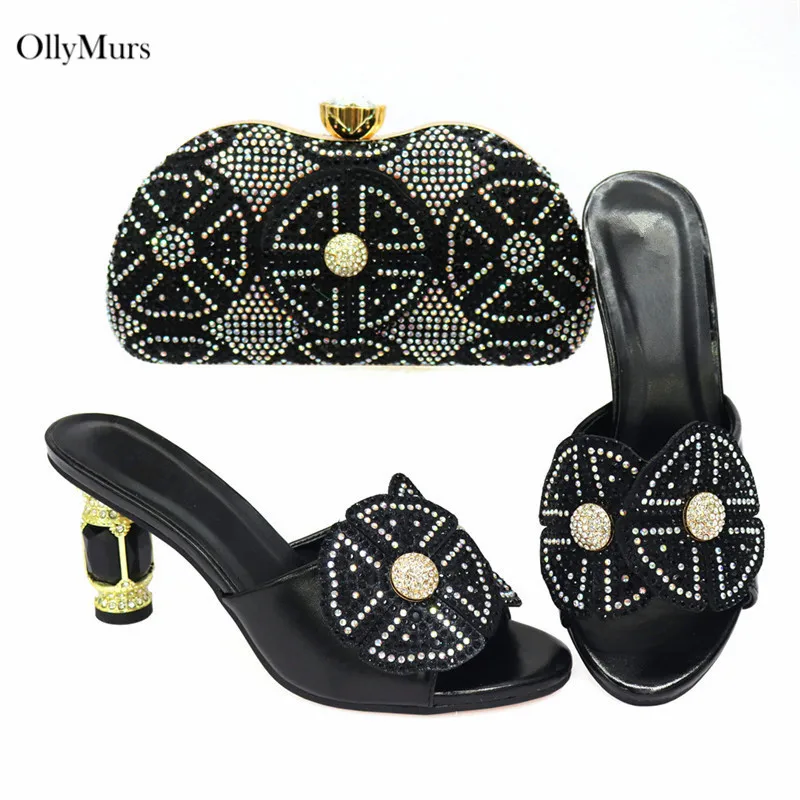 

Summer Newest Black Color Shoes And Bag Set Nigerian Decorated With Rhinestone Women Shoes And Bag Set Italian Pretty Shoes