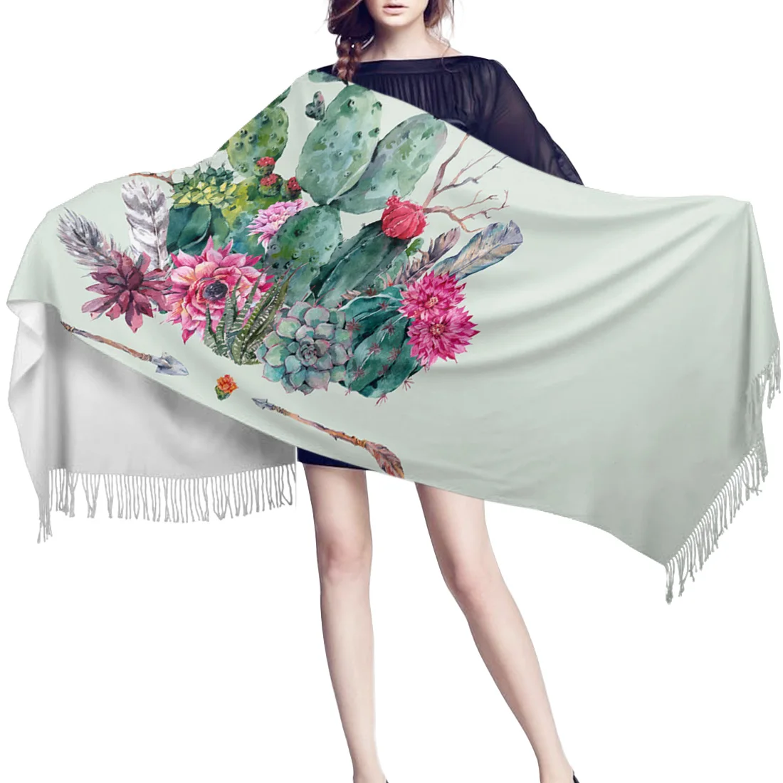 Женские кашемировые шарфы с кисточкой и цветком кактуса зеленый женский зимний