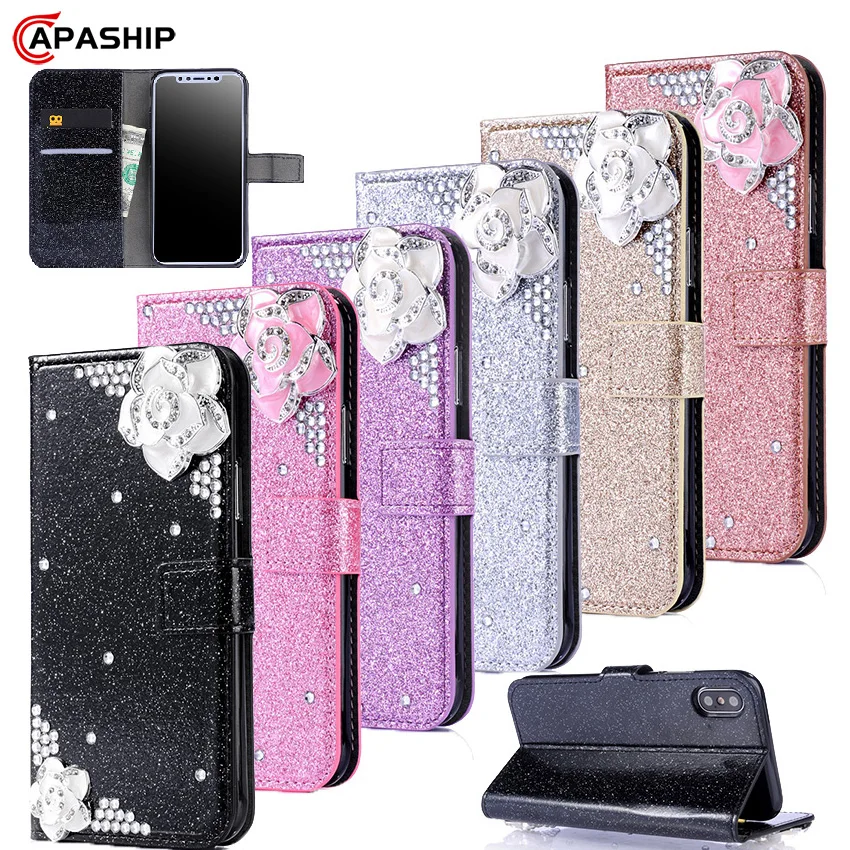 Чехол бумажник с объемными цветами и бриллиантами для iphone 11 Pro 7 8 Plus 6 6S 5 9 SE XS Max XR X
