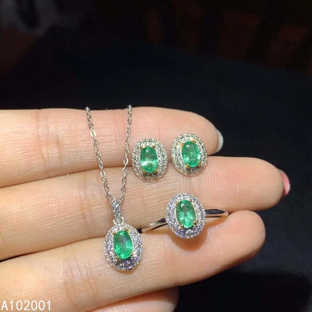 KJJEAXCMY fine jewelry natural Emerald 925 sterling silver women gemstone pendant earrings ring set support test exquisite