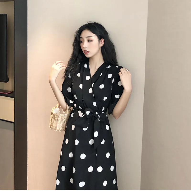

Summer Women's Dress Casual 2021 Elegant Vintage V-neck Wave Dot Bow Tunics Short Sleeves Basic Office Ladies Long Evening Dress