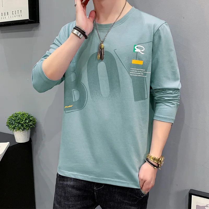 

Осенние мужские футболки Rl8269 с длинным рукавом в Корейском стиле, базовая индивидуальная хлопковая уличная одежда с принтом для мальчиков, модные трендовые футболки с круглым вырезом