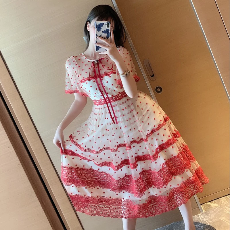 

Ploka Dot Summer Dress Women Vintage Embroidery Bow Mesh Long Midi Dress Patchwork Red Party Dress Plus Size Runway Elegant B186