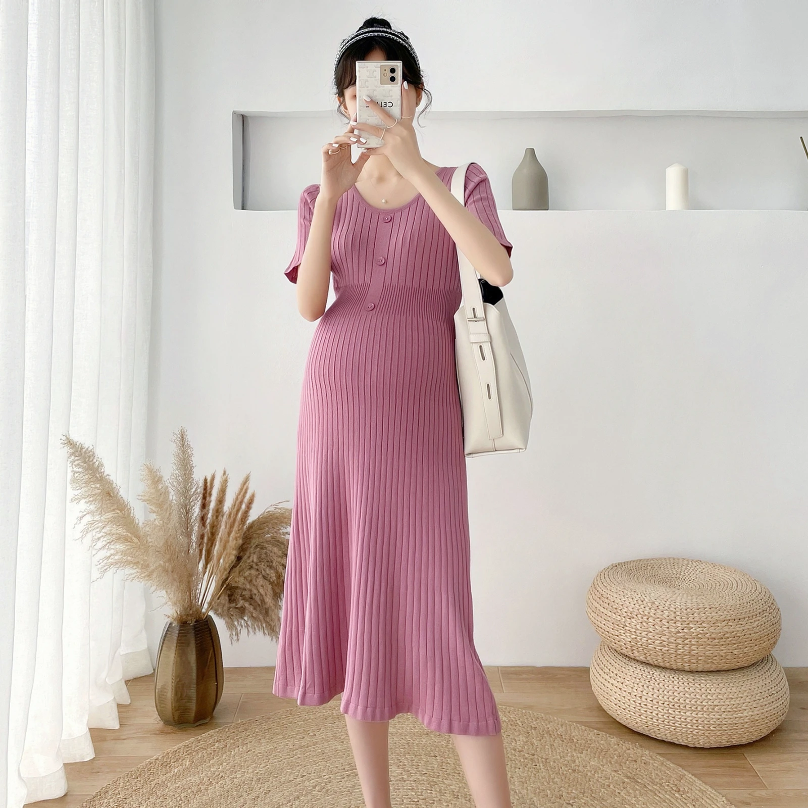 

291# Chic Ins Summer Thin Ice Silk Knitted Maternity Long Dress Elegant A Line Bodycon Slim Clothes for Pregnant Women Pregnancy